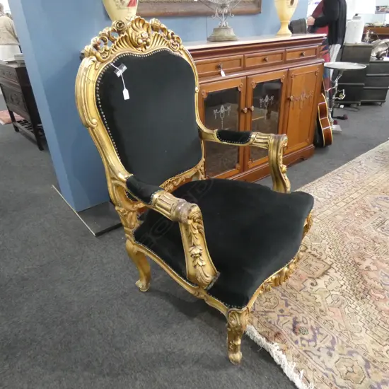 GILT FRENCH CHAIR w. BLACK VELVET UPHOLSTERY