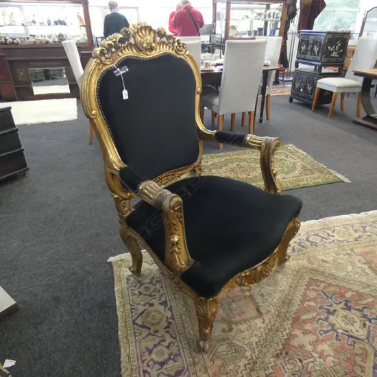 GILT FRENCH CHAIR w. BLACK VELVET UPHOLSTERY