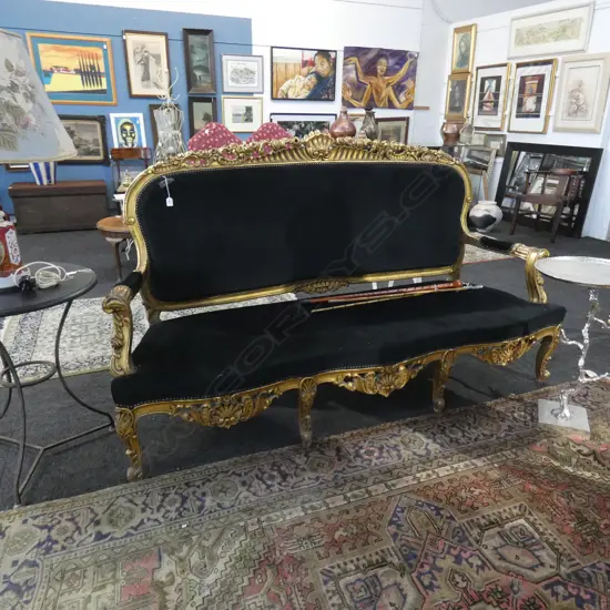 GILT FRENCH SETTEE w. BLACK VELVET UPHOLSTERY
