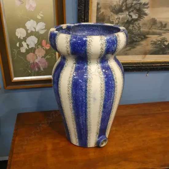 LG HEAVY BLUE & WHITE STRIPED POTTERY PLANTER POT H. 505MM