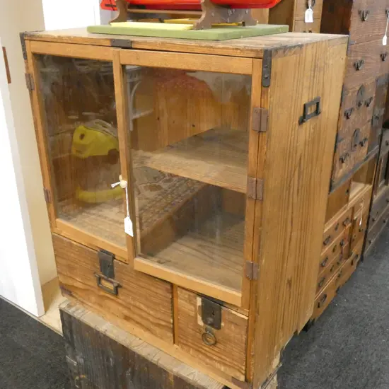 OLD JAPANESE SMALL CABINET 2 GLASS CUPBOARDS & 2 DRAWERS  545 X 305 X 620MM
