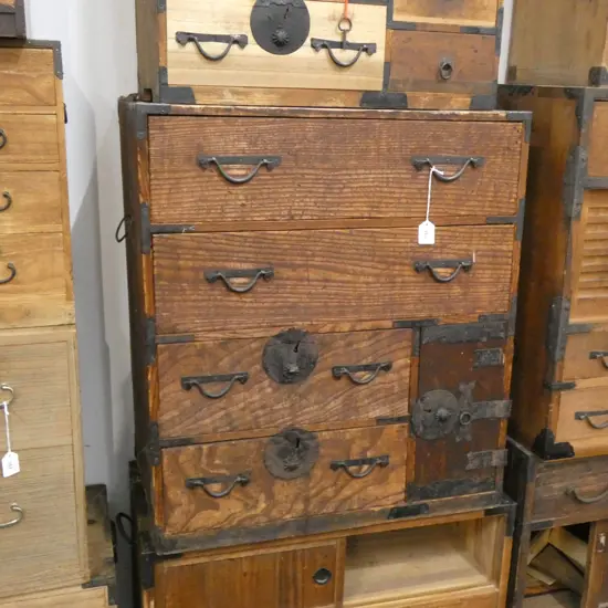 SM VINTAGE RUSTIC JAPANESE KO-DANSU CABINET 4 DRAWERS & 1 CUPBOARD 615 X 355 X 685MM