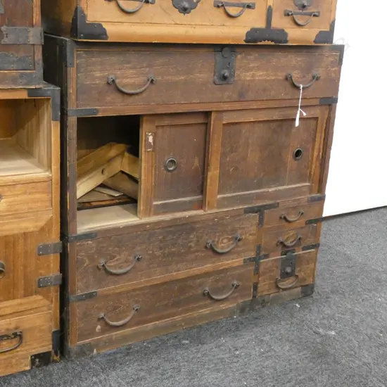 LG VINTAGE JAPANESE DARK WOODEN TANSU CHEST 6 DRAWERS & 2 SLIDING CUPBOARDS  775 X 340 X 720MM