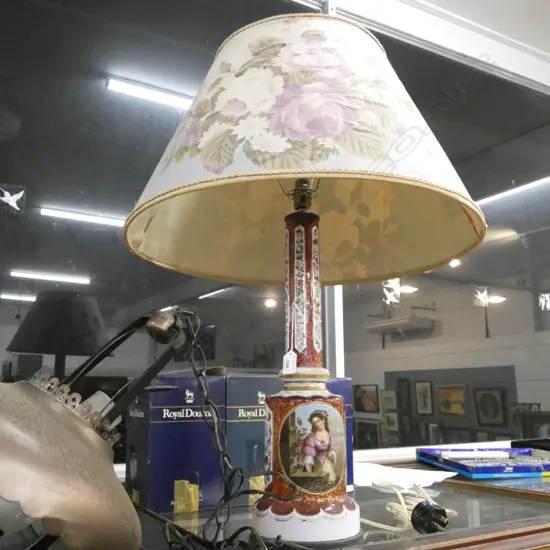 VINTAGE CRANBERRY OVERLAY GLASS LAMP w. SHADE H.790mm