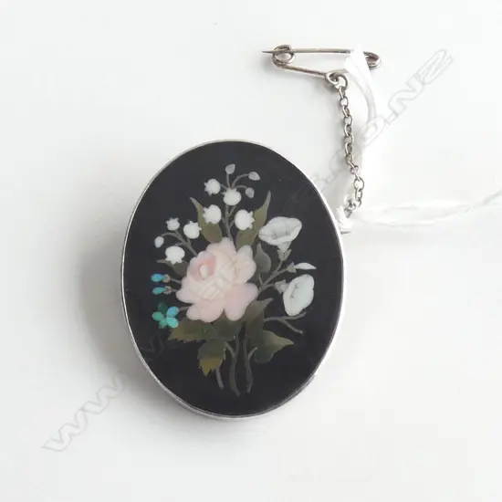 (17760) VINTAGE PETRA DURA INLAID BROOCH SILVER FRAME