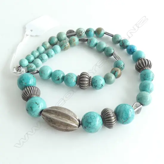 TRIBAL GRADUATED TURQUOISE & SILVER BEAD NECKLACE L.520mm
