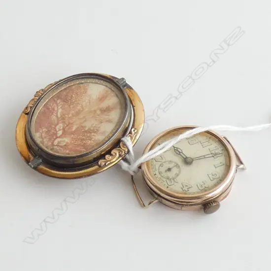 VINTAGE 9CT WATCH FACE 20 GRAMS INCL. MOVEMENT + ANTIQUE HAIR / SEAWEED BROOCH 