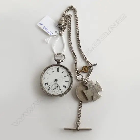 STG SILVER POCKET WATCH (NO GLASS) W SILVER FOB & 2 S.A. 1896 ALTERED SILVER COINS & WATCH KEY