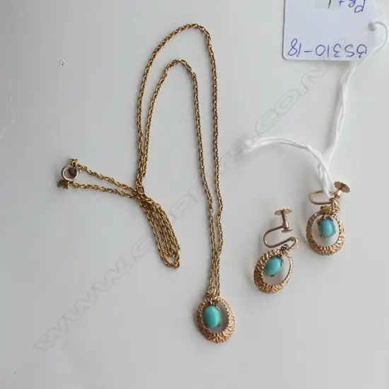 9ct GOLD, TURQUOISE SET PENDANT & EARRINGS SET (chain gold plated)