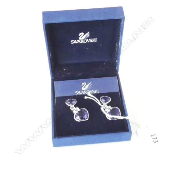 PR SWAROVSKI CRYSTAL DROP CLIP EARRINGS; PURPLE GLASS HEARTS - IN BOX
