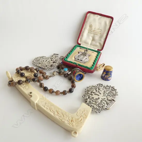 3 SILVER BROOCHES + 2 NECKLACES, IVORY ETC