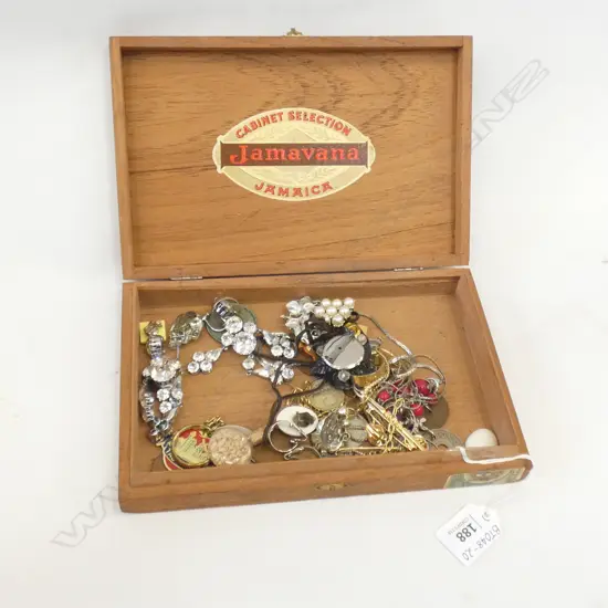 OLD WOODEN CIGAR BOX OF OLD COSTUME JEWELLERY & COINS