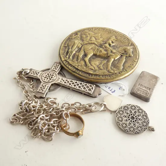 SILV CROSS (MARKED ON BALE) ON SIL (TESTED) CHAIN; FAUX DIA. RING; 1oz INGOT; SILV PENDANT, RENAISSANCE STYLE MEDAL