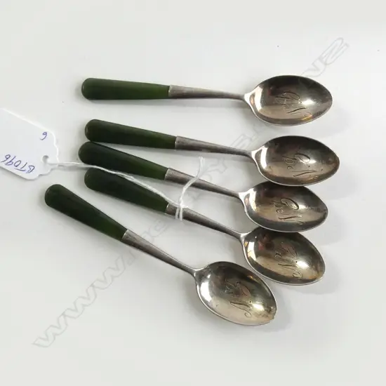 5 Joseph Swindell & sons silver and greenstone coffee spoons,