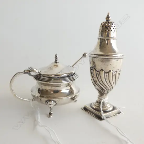 STG SILVER SALT SHAKER (H 100MM) & MUSTARD POT & SPOON w BLUE GLASS LINER  TOTAL WEIGHT 129GMS