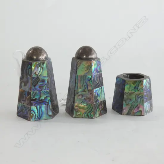 VINTAGE SET STG SILVER & ATAAHUA PAUA SHELL 3 PC SET; S&P (H 62MM) & MUSTARD