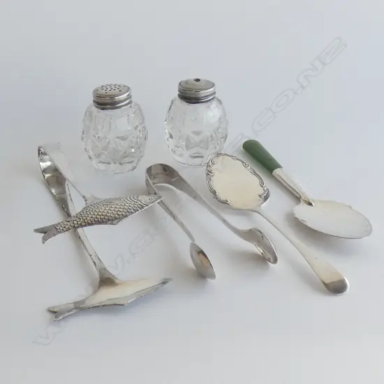 2 STG SILVER SPOONS + STG TONGS, EP FISH TONGS, PR STG TOPPED SALT & PEPPER