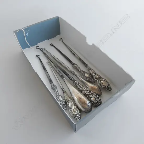 6 ANTIQUE SILVER + 1 EPNS  HANDLE BUTTON HOOKS
