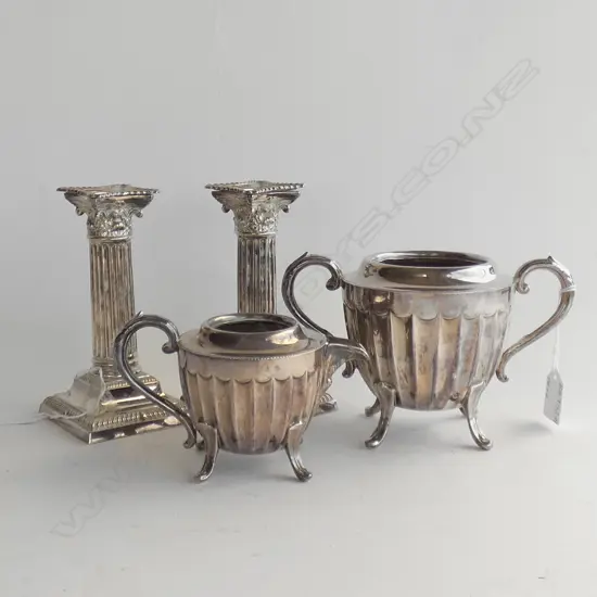VINTAGE SILVER PLATE CANDLE HOLDERS (H 160MM) + SHEFFIELD SILVER PLATE JUG & SUGAR BOWL 