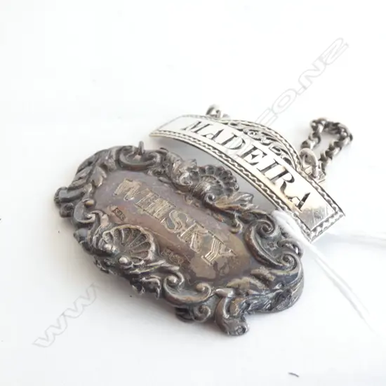 2 STG SILVER BOTTLE TICKETS; MADEIRA HESTER BATEMAN LONDON C.1789, WHISKY B'HAM 1975 17 GRAMS