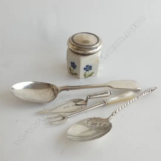 5 PCS ASST STG SILVER; STG LIDDED PORCELAIN POT / SPOONS / PICKLE FORK ETC...