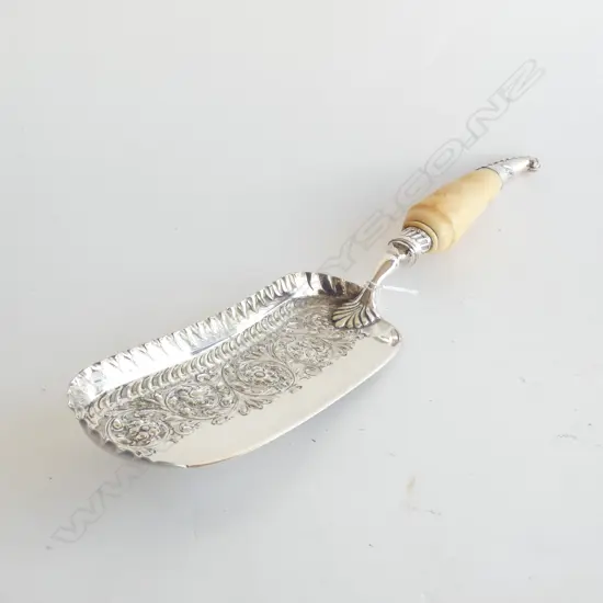 IVORY HANDLED EP CRUMB TRAY w. STG SILVER MOUNTS L.360mm SHEFFIELD 1890