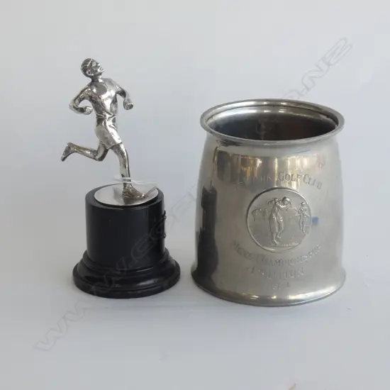 PEWTER GOLF MUG C1934 (H 105MM) & VINTAGE SILVER PLATED RUNNING TROPHY (NOT ENGRAVED) (H 140MM)