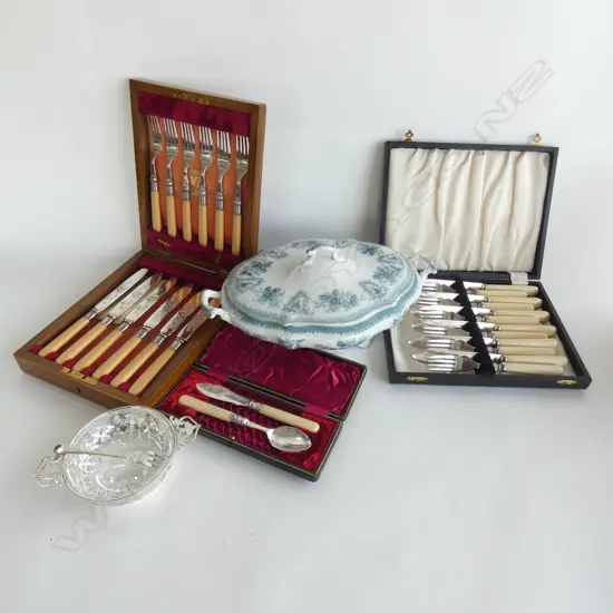 2 SETS 6 PLACE FISH SETS, CASED + KNIFE & SPOON CASE, TUREEN ETC