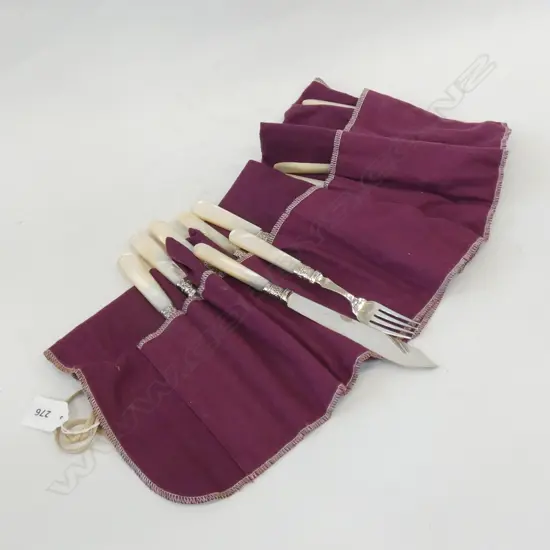 12 SILVER PLATE WITH STG COLLARS & MOP HANDLED FISH KNIVES & FORKS, SHEFFIELD 1910 IN BAG