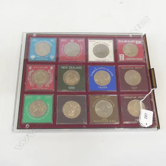 CASE OF 12 UNC NZ $1 + UK CROWNS ETC PLASTIC CASES 1980'S ETC