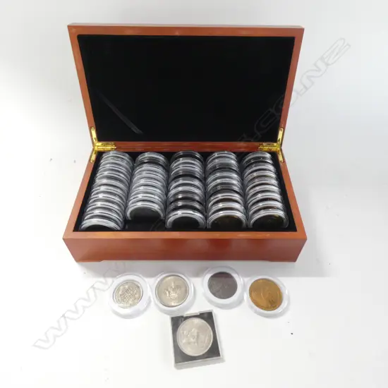 BOX OF 50 CASED COINS NZ GUYANA JERSEY ETC