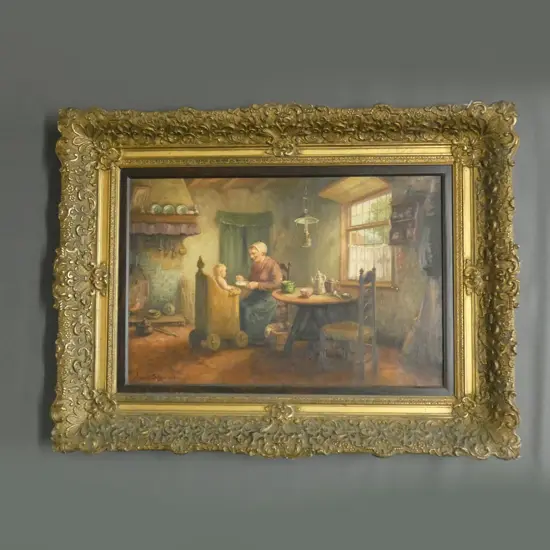 J VAN STRAETEN, OIL ON CANVAS, FEEDING THE CHILD. 380 x 580mm