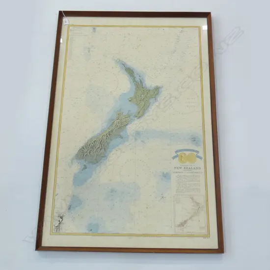 FRAMED MAP OF NZ & COOKS SAILING ROUTE 1:3M SCALE 1000x650mm