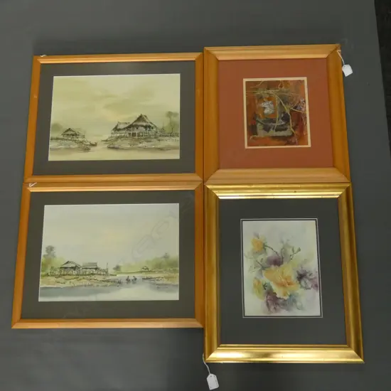 4 ARTWORKS; FLORAL, 2 AISAN, MIXED MEDIA 165x195mm