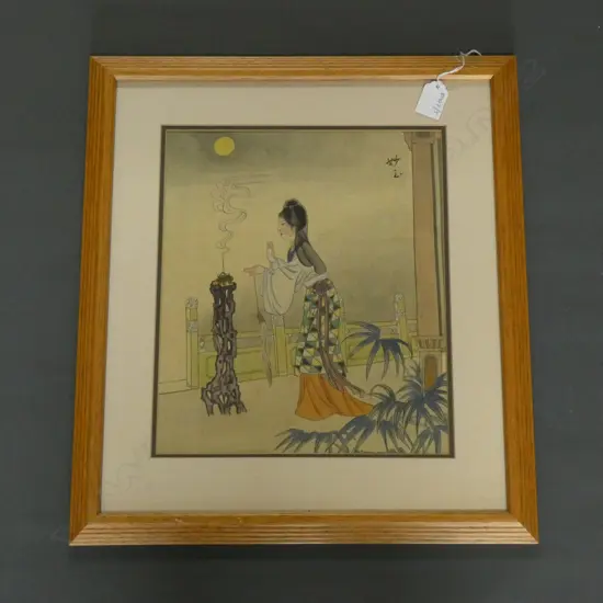 CHINESE W/C FEMALE LIGHTING INCENSE, SIGNED, 260 x 300mm. 