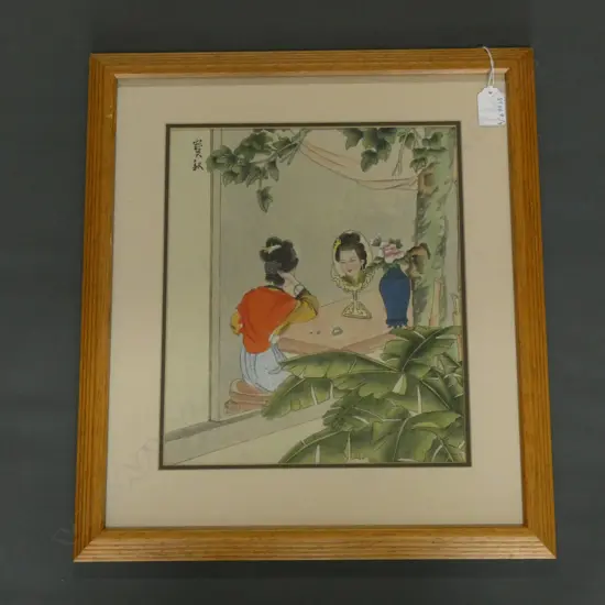 CHINESE W/C FEMALE WITH MIRROR, SIGNED, 260 x 300mm