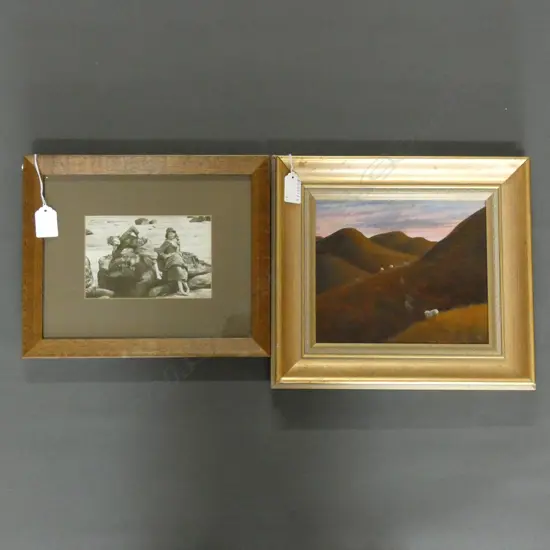 2 ARTWORKS; BEV TAYLOR 'SUMMER SUNSET NORTHLAND II' OIL ON BOARD 170x195mm, GIRLS ON BEACH PHOTO C.1880