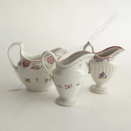 3 ANTIQUE CREAM JUGS; BRISTOL c.1780, COALPORT C.1805, OTHER