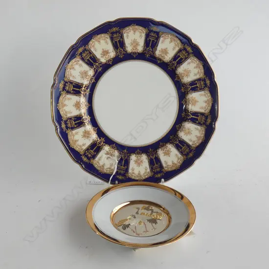 2 PLATES; ROYAL DOULTON COBALT & GOLD GILDED DIA 270MM + LTD ED CHOKIN PLATE w CERTIFICATE (DIA  152MM)
