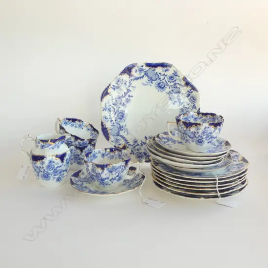 VICTORIAN BLUE & WHITE PART SEVRES SET - 18 PCES - 4 TRIOS / JUG / CAKE PLATE + 2 SPARE PLATES & SAUCERS