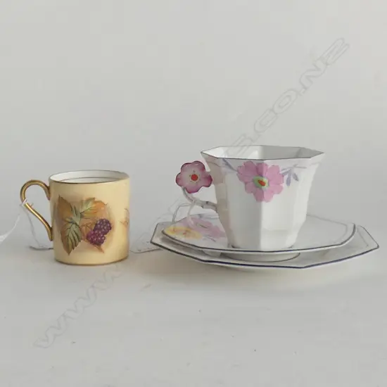 MELBA ART DECO TRIO WITH FLOWER HANDLE + AYNSLEY AUTUMN FRUITS SIGNED CUP 