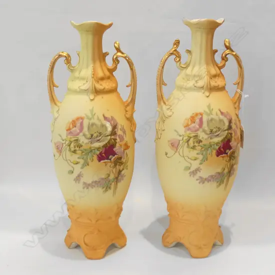 PR 19thC AUSTRIAN TALL MANTLE VASES PEACH GROUND w. POPPIES...
