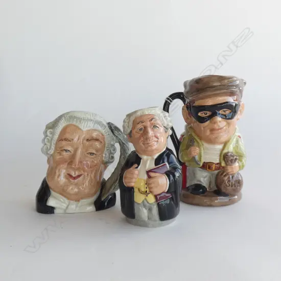 3 ROYAL DOULTON CHARACTER JUGS; THE LAWYER / MR LITIGATE & JUDGE/THIEF (LARGEST H 135MM)