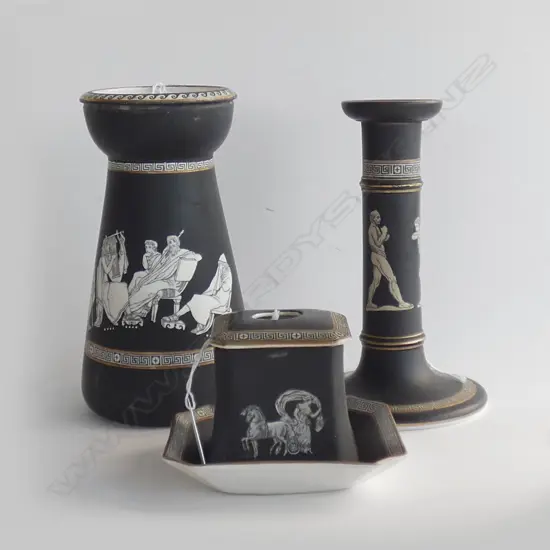 ANTIQUE PRATT WARE 'OLD GREEK' VASE (H 190MM) CANDLE HOLDER(H 180MM) TRINKET DISH & DRESSING TABLE LIDDED CONTAINER