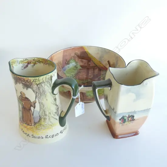 3 ROYAL DOULTON SERIES WARE PCS; 2 JUGS (1 ROBIN HOOD) + THE GAFFERS BOWL (DIA  230MM)