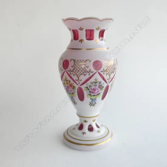 (17812) BOHEMIAN CASED GLASS HAND PAINTED VASE - WHITE CUT TO CRANBERRY  H  315MM