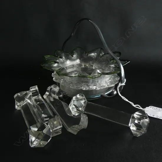 VINTAGE FRILLED RIMMED DISH IN CHROME HOLDER (DIA  168MM) + 2 PR ASST GLASS KNIFE RESTS