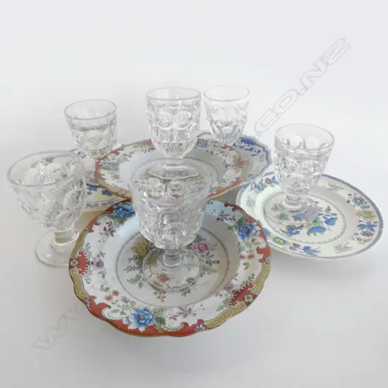 5 OLD PLATES INCL SPODE IRONSTONE (DIA 225MM) + 6 VICTORIAN  STEMMED GLASSES H  135MM (1 A/F)