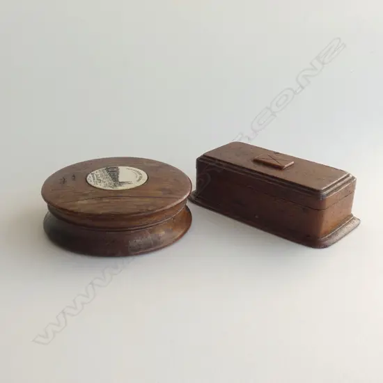 2 PCES TREEN; STAMP BOX + LIDDED BOX w. IVORY DETAIL 'OLD LONDON BRIDGE' 90mm dia