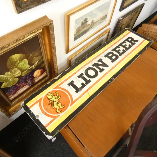 2 SIDED VINTAGE TIN SIGN 'BELL TEA: THE FAMOUS NZ BLEND' VERSO 'LION BEER' 280x1150mm
